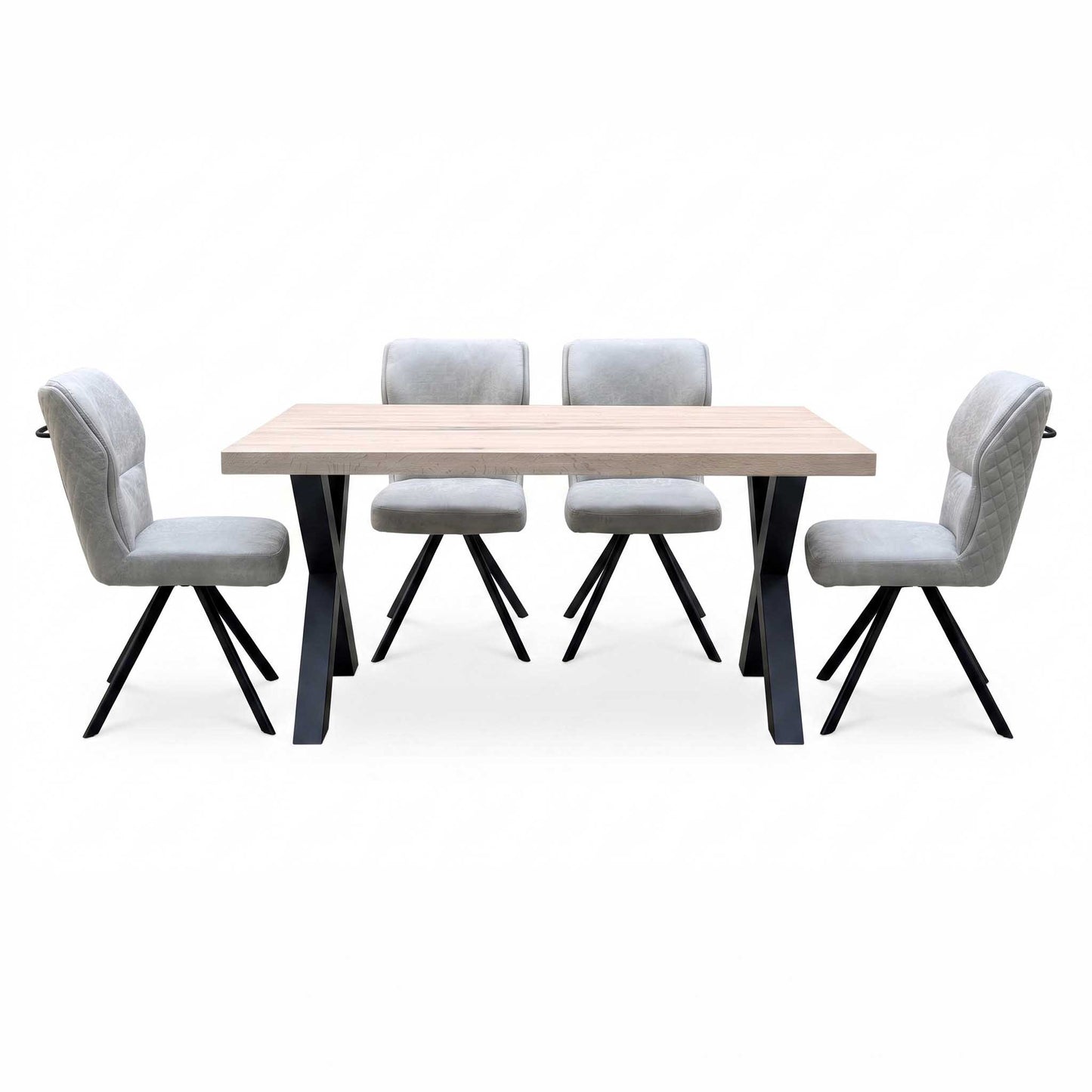Bodahl Terra 160cm Compact Straight Edge Vintage Grey Dining Table with X Shaped Legs and 4 Taupe Fabric Swivel Dining Chairs