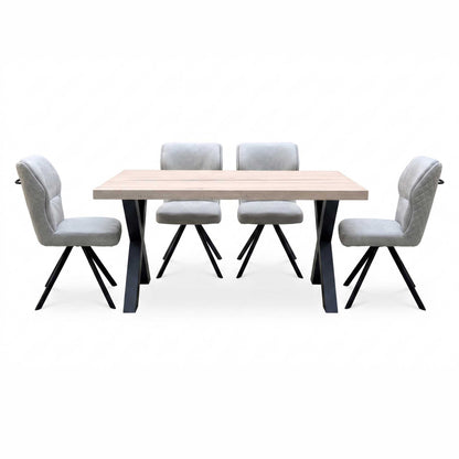 Bodahl Terra 160cm Compact Straight Edge Vintage Grey Dining Table with X Shaped Legs and 4 Taupe Fabric Swivel Dining Chairs