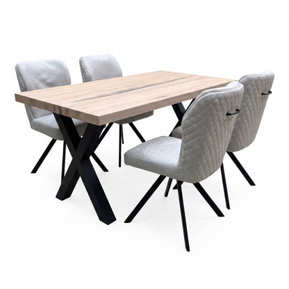 Bodahl Terra 160cm Compact Straight Edge Vintage Grey Dining Table with X Shaped Legs and 4 Taupe Fabric Swivel Dining Chairs