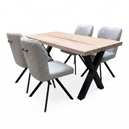 Bodahl Terra 160cm Compact Straight Edge Vintage Grey Dining Table with X Shaped Legs and 4 Taupe Fabric Swivel Dining Chairs