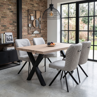 Bodahl Terra 160cm Compact Straight Edge Vintage Grey Dining Table with X Shaped Legs and 4 Taupe Fabric Swivel Dining Chairs