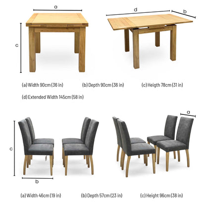 Furnitureland ‘Augusta’ Solid Oak Draw Leaf Extending Dining Table with Grey Cowboy Upholstered Dining Chairs - Set of 4
