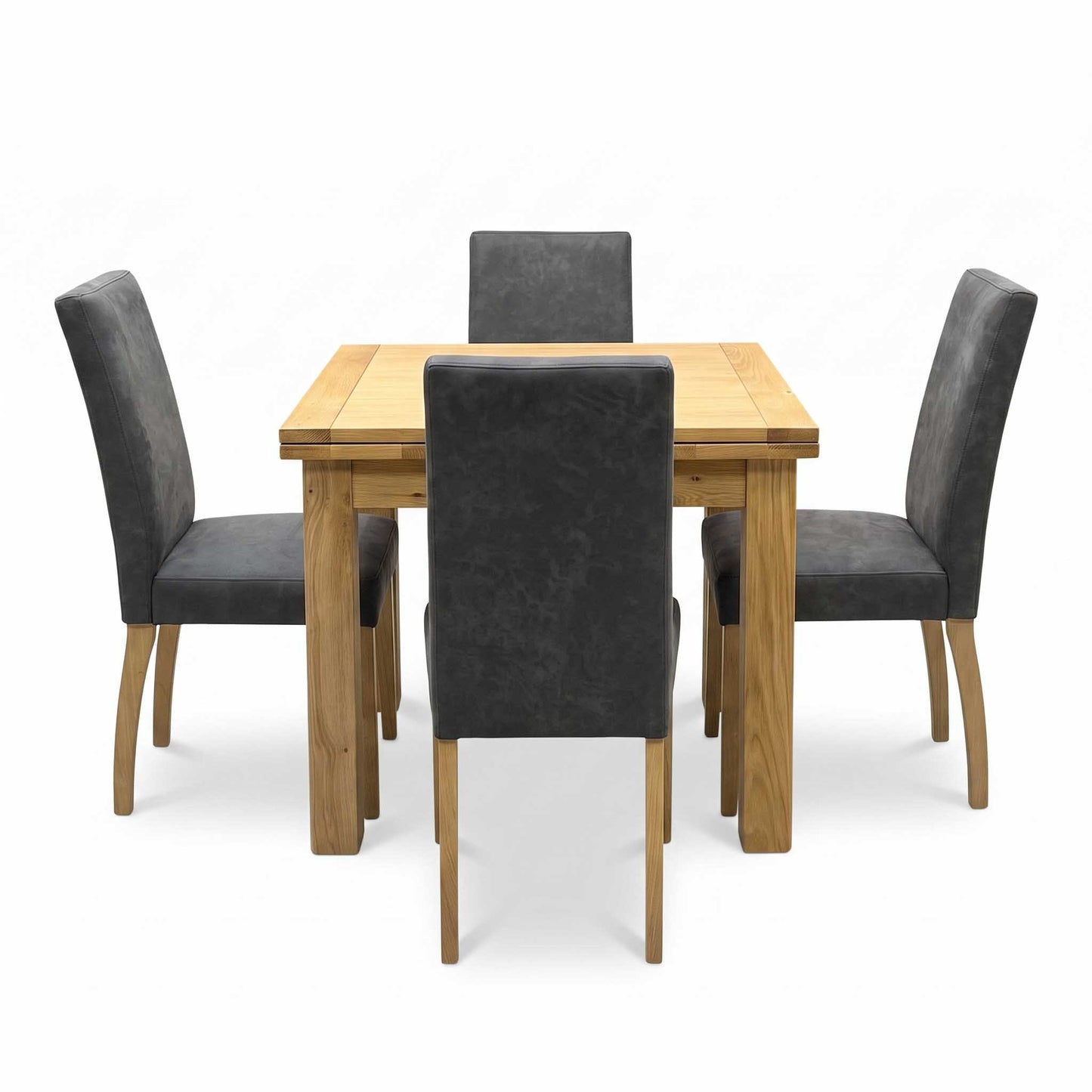 Furnitureland ‘Augusta’ Solid Oak Draw Leaf Extending Dining Table with Grey Cowboy Upholstered Dining Chairs - Set of 4