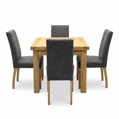 Furnitureland ‘Augusta’ Solid Oak Draw Leaf Extending Dining Table with Grey Cowboy Upholstered Dining Chairs - Set of 4