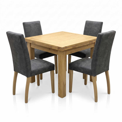 Furnitureland ‘Augusta’ Solid Oak Draw Leaf Extending Dining Table with Grey Cowboy Upholstered Dining Chairs - Set of 4