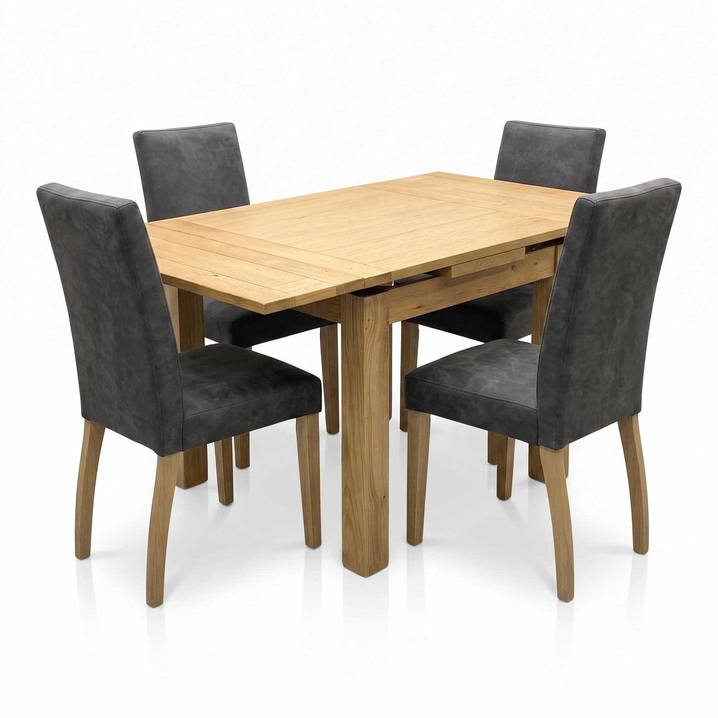 Furnitureland ‘Augusta’ Solid Oak Draw Leaf Extending Dining Table with Grey Cowboy Upholstered Dining Chairs - Set of 4