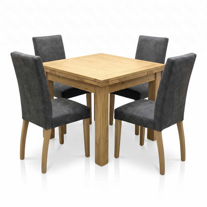 Furnitureland ‘Augusta’ Solid Oak Draw Leaf Extending Dining Table with Grey Cowboy Upholstered Dining Chairs - Set of 4