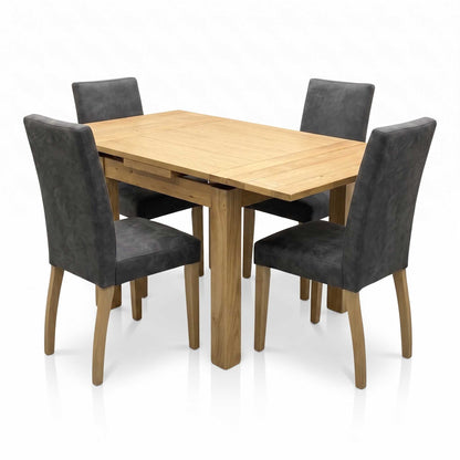 Furnitureland ‘Augusta’ Solid Oak Draw Leaf Extending Dining Table with Grey Cowboy Upholstered Dining Chairs - Set of 4