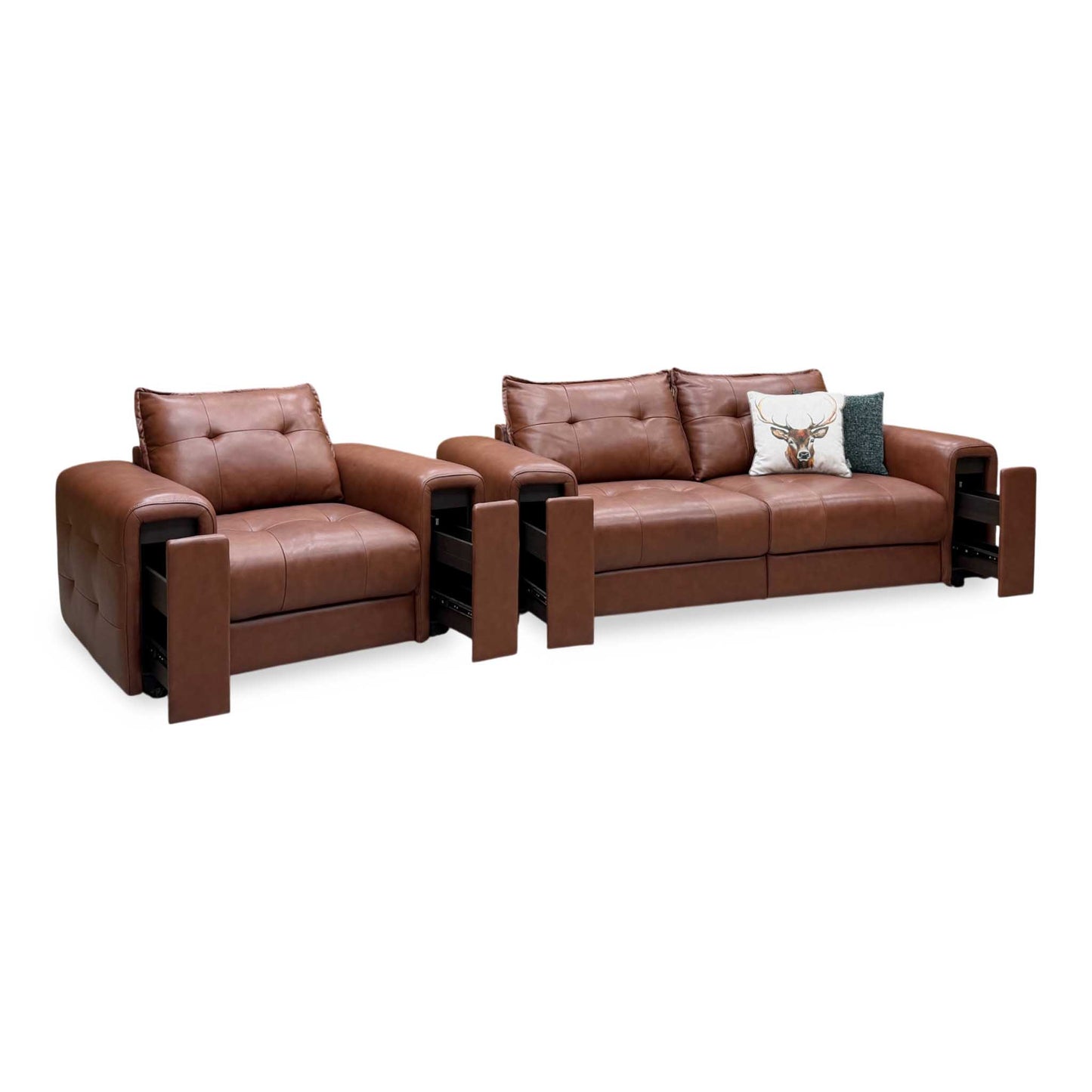 ‘Goliath’ Montana Cat-60_07 Butterscotch Brown Leather 3 Seater Sofa with Storage Draws + Chair with Storage Draws