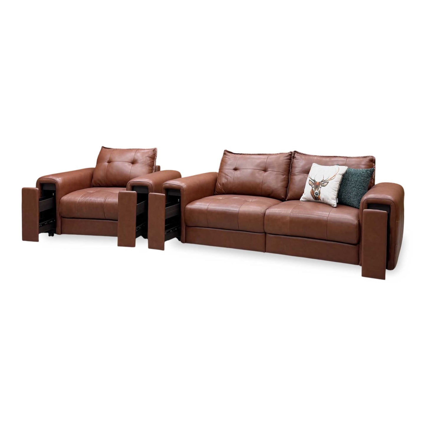 ‘Goliath’ Montana Cat-60_07 Butterscotch Brown Leather 3 Seater Sofa with Storage Draws + Chair with Storage Draws