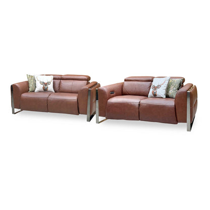 ‘Gisella’ Cat-60 07 Butterscotch Brown Leather Set: 2 Seater Power Recliner with Power Headrests + 2 Seater Standard Sofa Set