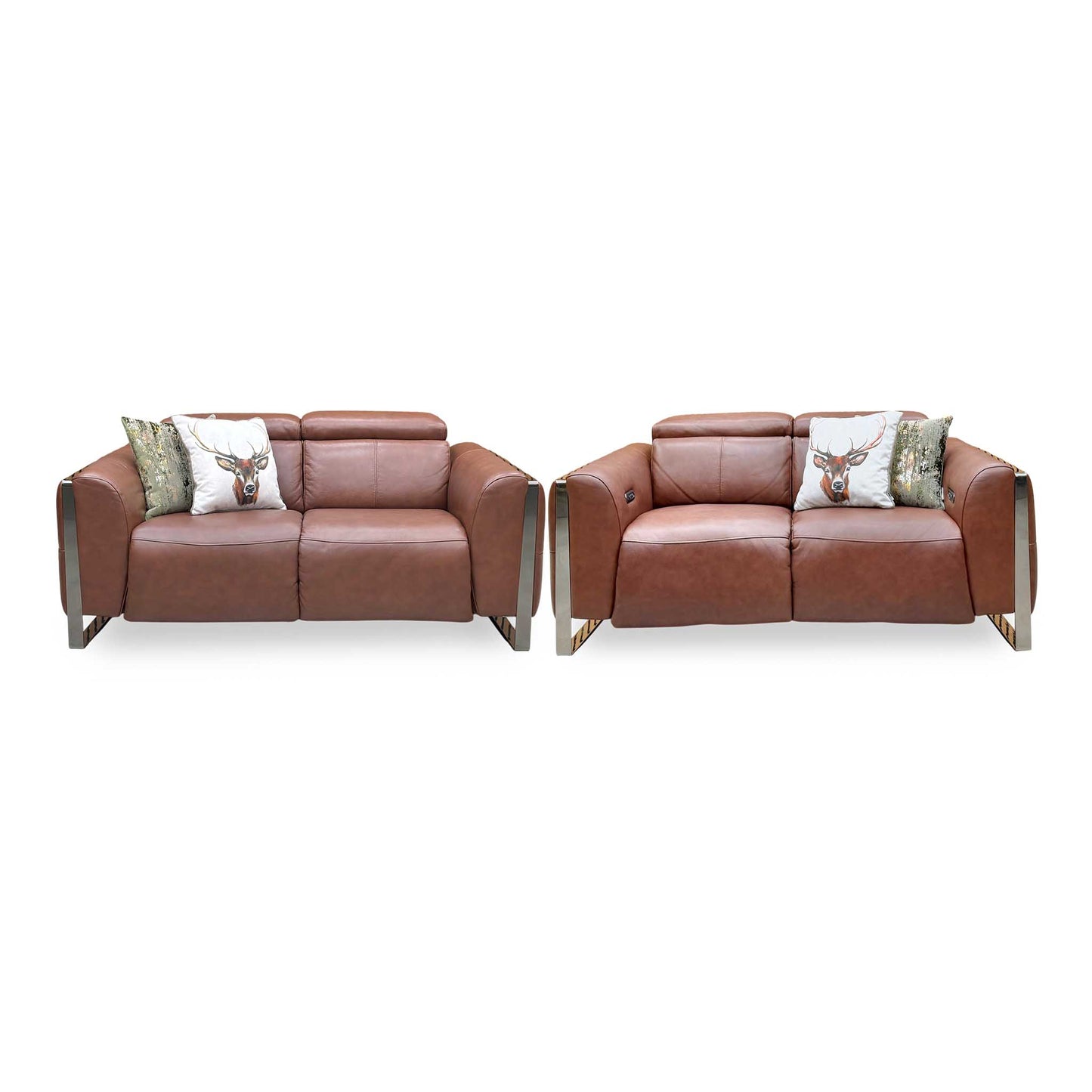 ‘Gisella’ Cat-60 07 Butterscotch Brown Leather Set: 2 Seater Power Recliner with Power Headrests + 2 Seater Standard Sofa Set