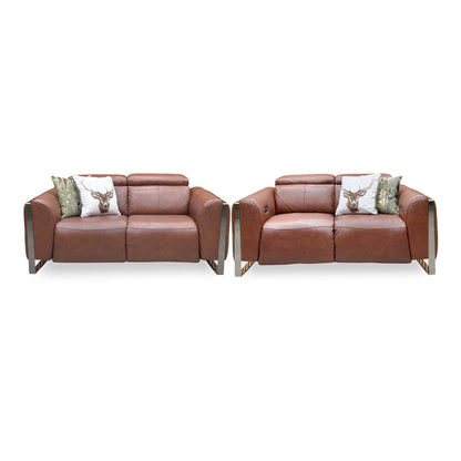 ‘Gisella’ Cat-60 07 Butterscotch Brown Leather Set: 2 Seater Power Recliner with Power Headrests + 2 Seater Standard Sofa Set