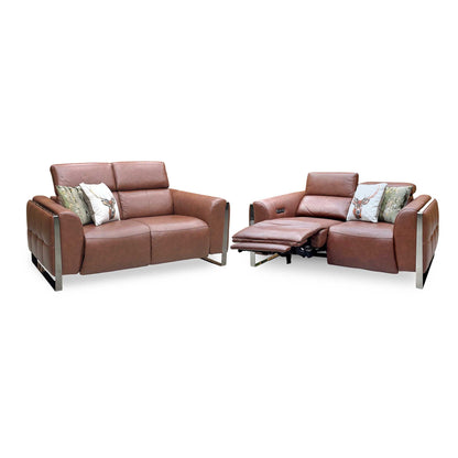‘Gisella’ Cat-60 07 Butterscotch Brown Leather Set: 2 Seater Power Recliner with Power Headrests + 2 Seater Standard Sofa Set