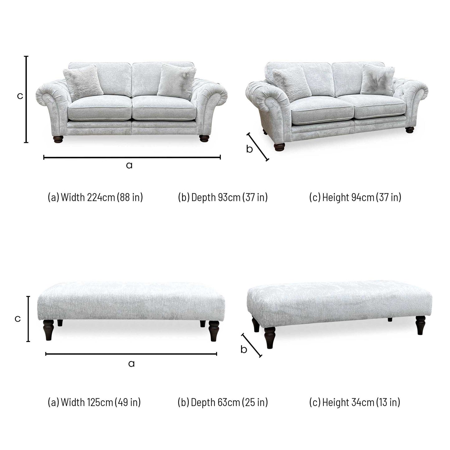 Ideal Home ‘Cotswold’ Burford Platinum Grey Fabric Set: 3 + 3 Seater Classic Back Split Frame Sofa with Bench Footstool