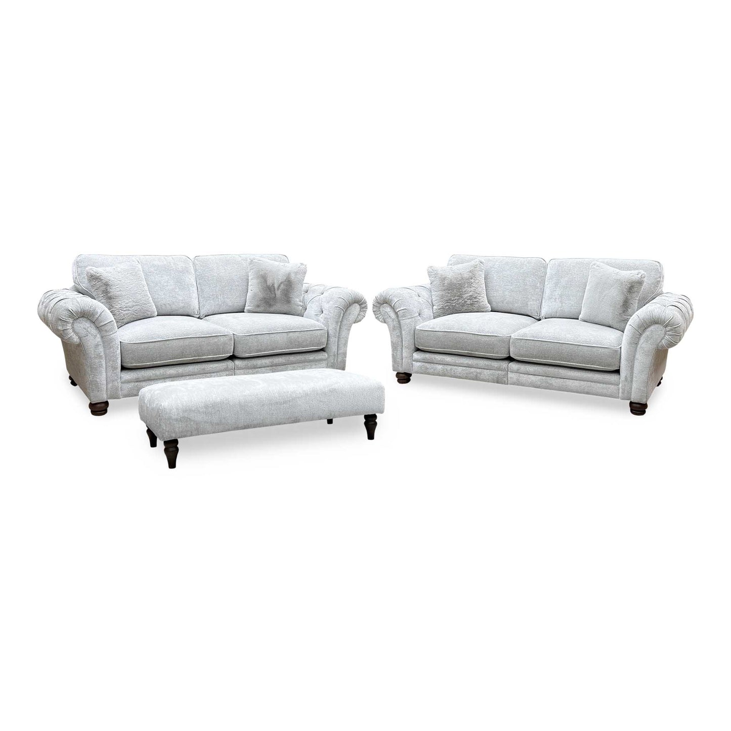 Ideal Home ‘Cotswold’ Burford Platinum Grey Fabric Set: 3 + 3 Seater Classic Back Split Frame Sofa with Bench Footstool