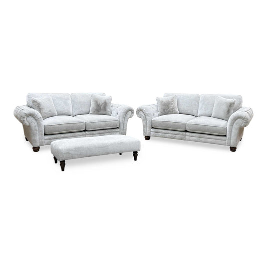 Ideal Home ‘Cotswold’ Burford Platinum Grey Fabric Set: 3 + 3 Seater Classic Back Split Frame Sofa with Bench Footstool