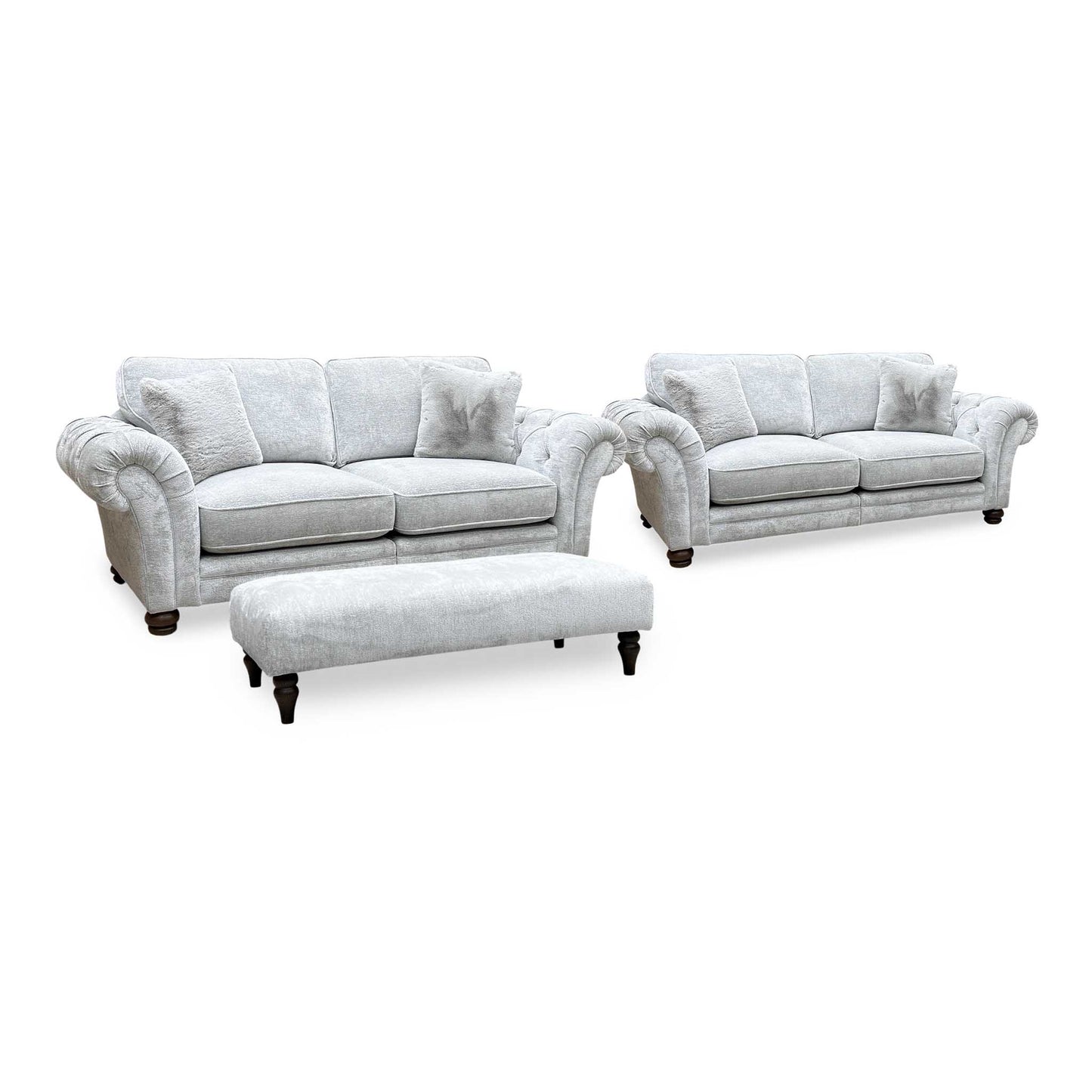 Ideal Home ‘Cotswold’ Burford Platinum Grey Fabric Set: 3 + 3 Seater Classic Back Split Frame Sofa with Bench Footstool