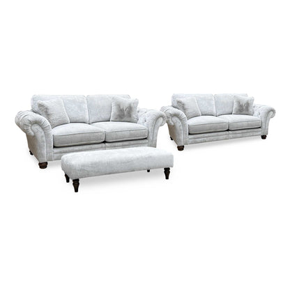 Ideal Home ‘Cotswold’ Burford Platinum Grey Fabric Set: 3 + 3 Seater Classic Back Split Frame Sofa with Bench Footstool