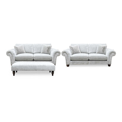 Ideal Home ‘Cotswold’ Burford Platinum Grey Fabric Set: 3 + 3 Seater Classic Back Split Frame Sofa with Bench Footstool