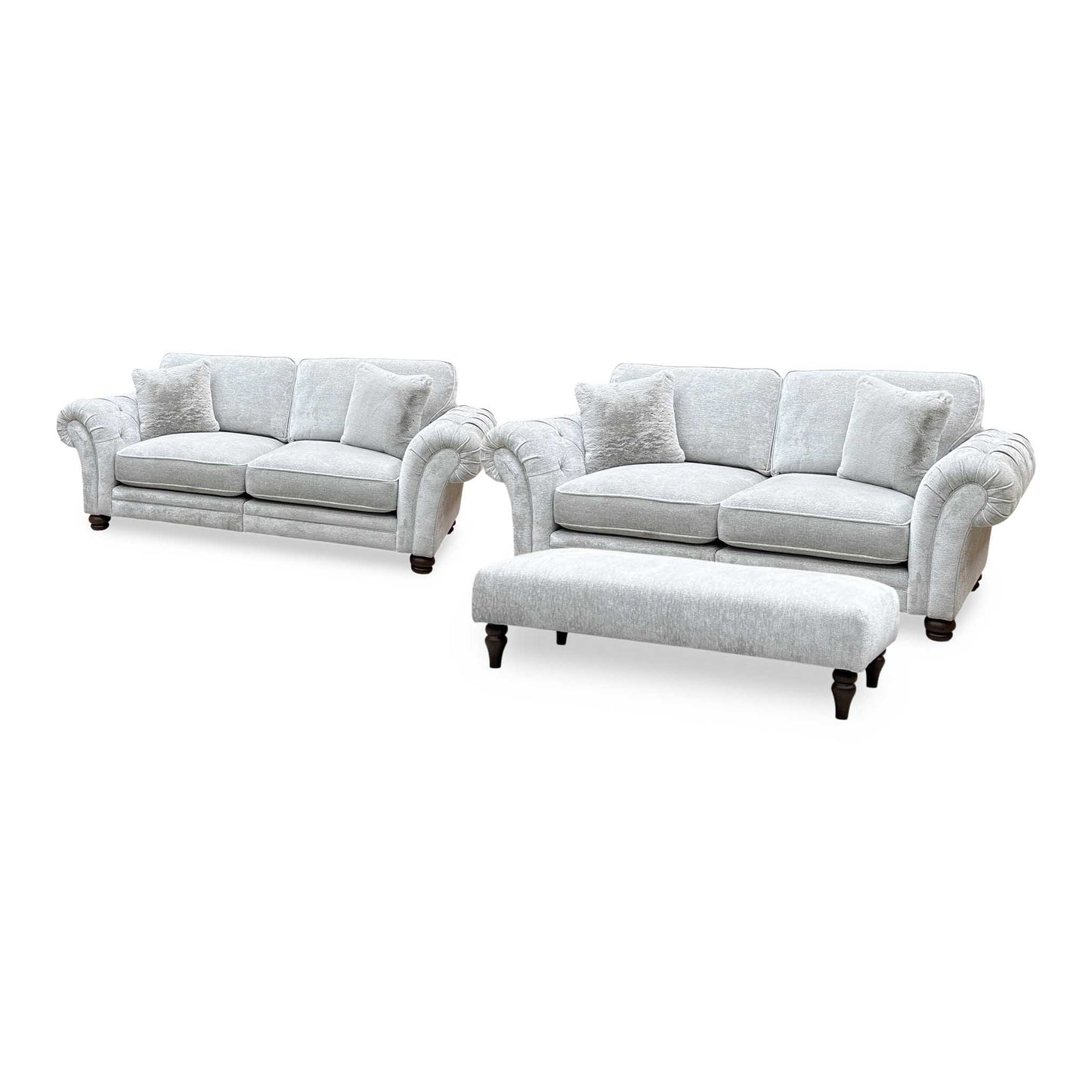 Ideal Home ‘Cotswold’ Burford Platinum Grey Fabric Set: 3 + 3 Seater Classic Back Split Frame Sofa with Bench Footstool