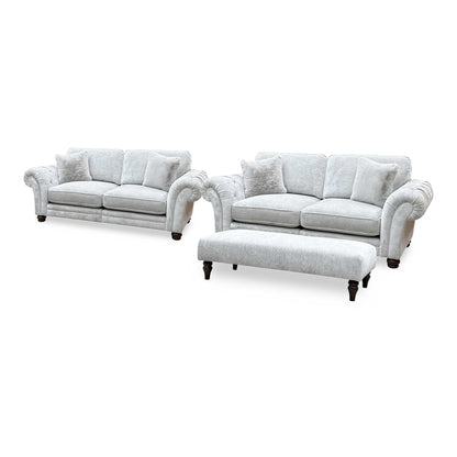 Ideal Home ‘Cotswold’ Burford Platinum Grey Fabric Set: 3 + 3 Seater Classic Back Split Frame Sofa with Bench Footstool