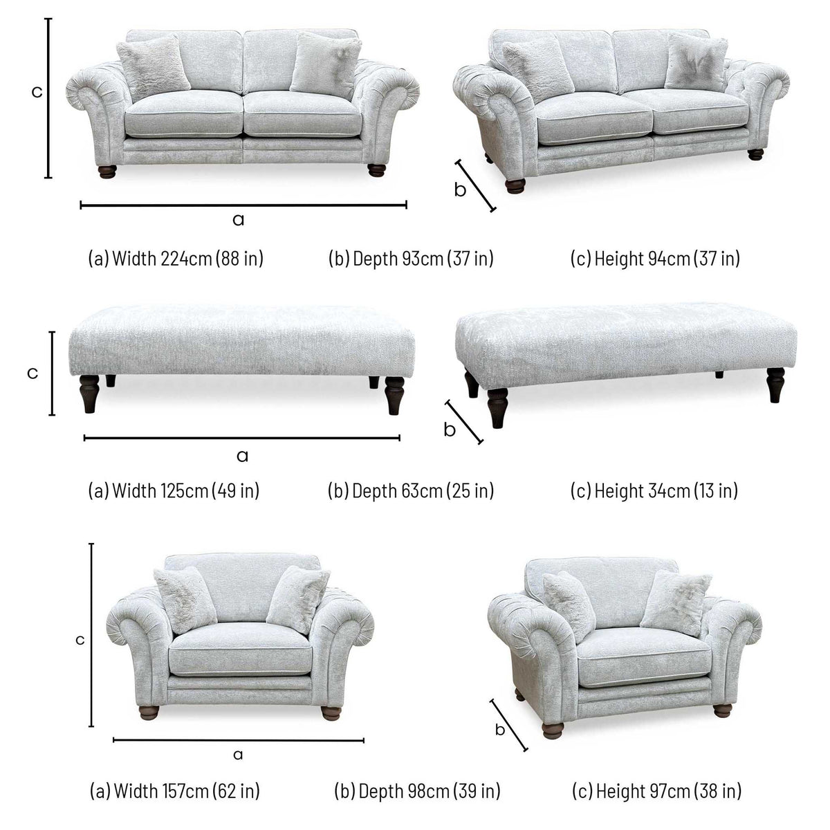 Ideal Home ‘Cotswold’ Burford Platinum Grey Fabric 3 Seater Classic Back Split Frame Sofa with Snuggler Chair + Bench Footstool