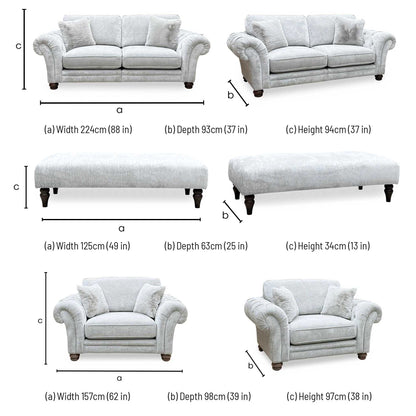 Ideal Home ‘Cotswold’ Burford Platinum Grey Fabric 3 Seater Classic Back Split Frame Sofa with Snuggler Chair + Bench Footstool