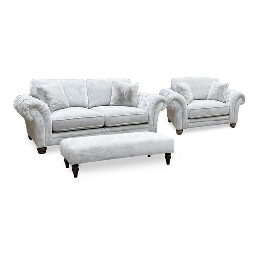 Ideal Home ‘Cotswold’ Burford Platinum Grey Fabric 3 Seater Classic Back Split Frame Sofa with Snuggler Chair + Bench Footstool