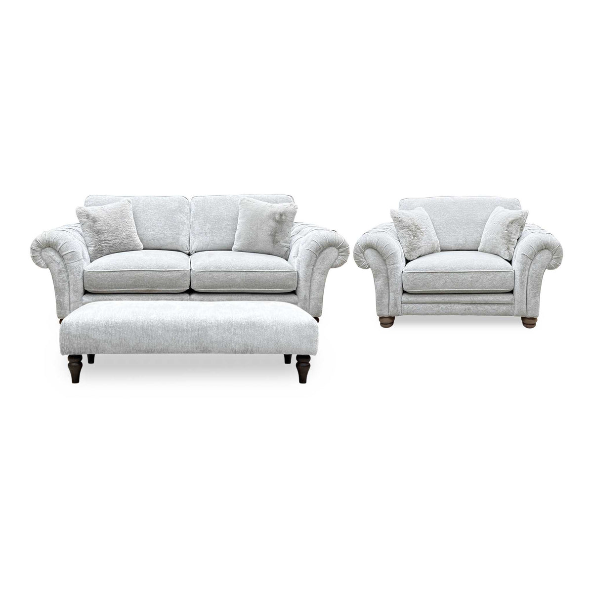 Ideal Home ‘Cotswold’ Burford Platinum Grey Fabric 3 Seater Classic Back Split Frame Sofa with Snuggler Chair + Bench Footstool