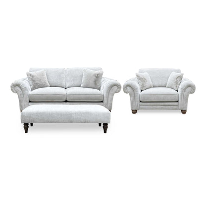 Ideal Home ‘Cotswold’ Burford Platinum Grey Fabric 3 Seater Classic Back Split Frame Sofa with Snuggler Chair + Bench Footstool