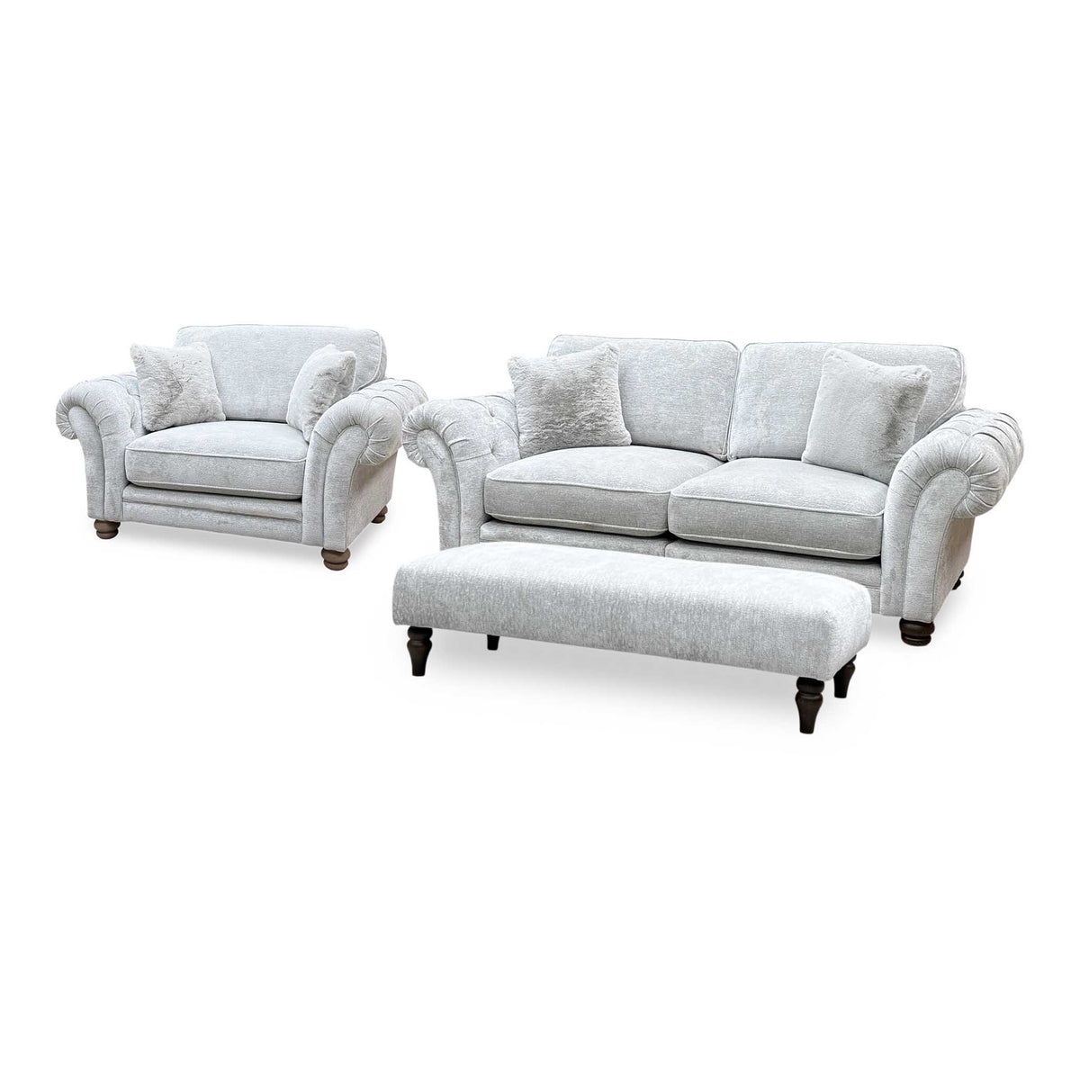 Ideal Home ‘Cotswold’ Burford Platinum Grey Fabric 3 Seater Classic Back Split Frame Sofa with Snuggler Chair + Bench Footstool