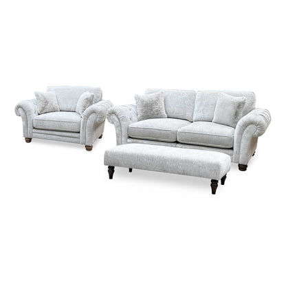 Ideal Home ‘Cotswold’ Burford Platinum Grey Fabric 3 Seater Classic Back Split Frame Sofa with Snuggler Chair + Bench Footstool