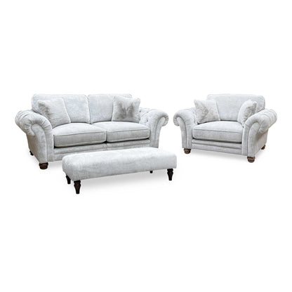 Ideal Home ‘Cotswold’ Burford Platinum Grey Fabric 3 Seater Classic Back Split Frame Sofa with Snuggler Chair + Bench Footstool