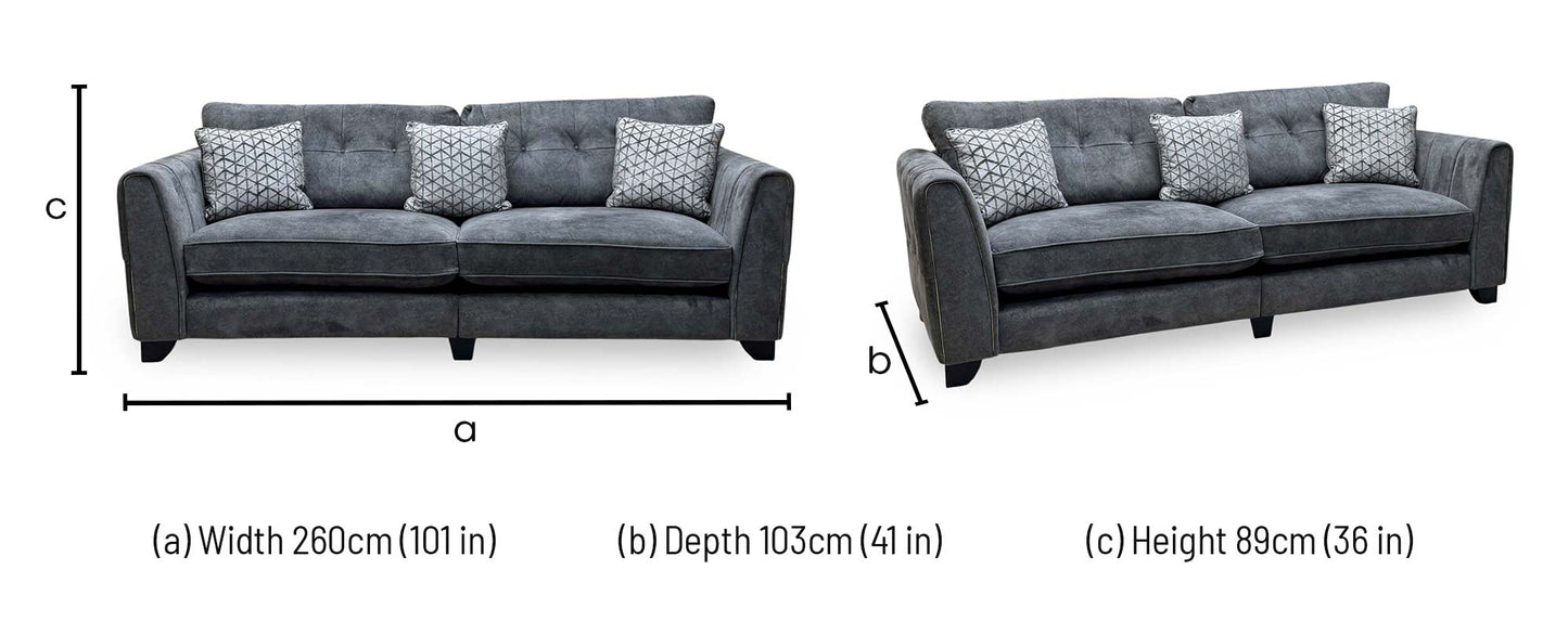 ‘Mariah’ Dapple Moleskin-Tri Brass Insert Velvet Fabric 4 Seater Classic Back Split Frame Sofa