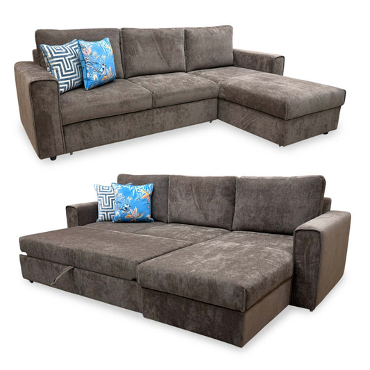 'Mia' Chocolate Brown Catalina Chenille Fabric Right Hand Facing Chaise Sofa with Extendable Footrest