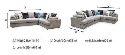 'Celine’ Steel Grey Jumbo Cord Fabric Left Arm Facing 2 Seater Pillow Back Corner Sofa