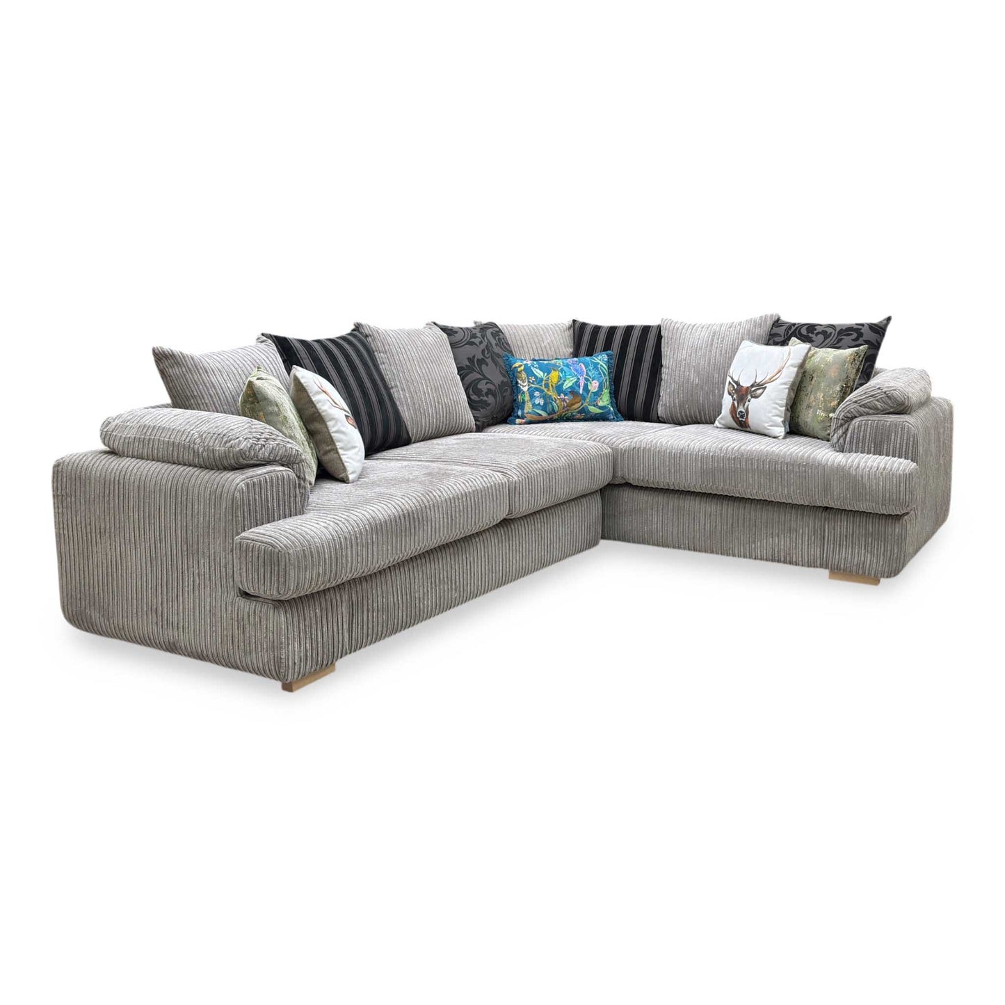 'Celine’ Steel Grey Jumbo Cord Fabric Left Arm Facing 2 Seater Pillow Back Corner Sofa