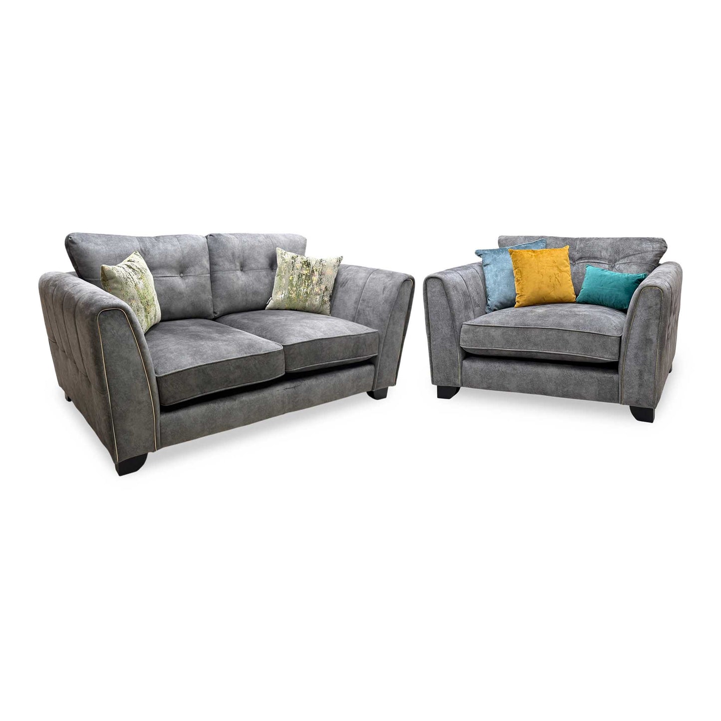 'Mariah' Dapple Moleskin-Tri Brass Insert Velvet Fabric Classic Back 2 Seater + Snuggler Chair Sofa Set