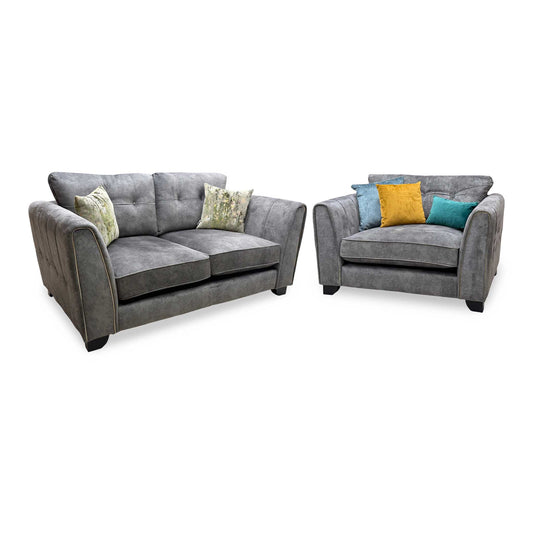 'Mariah' Dapple Moleskin-Tri Brass Insert Velvet Fabric Classic Back 2 Seater + Snuggler Chair Sofa Set
