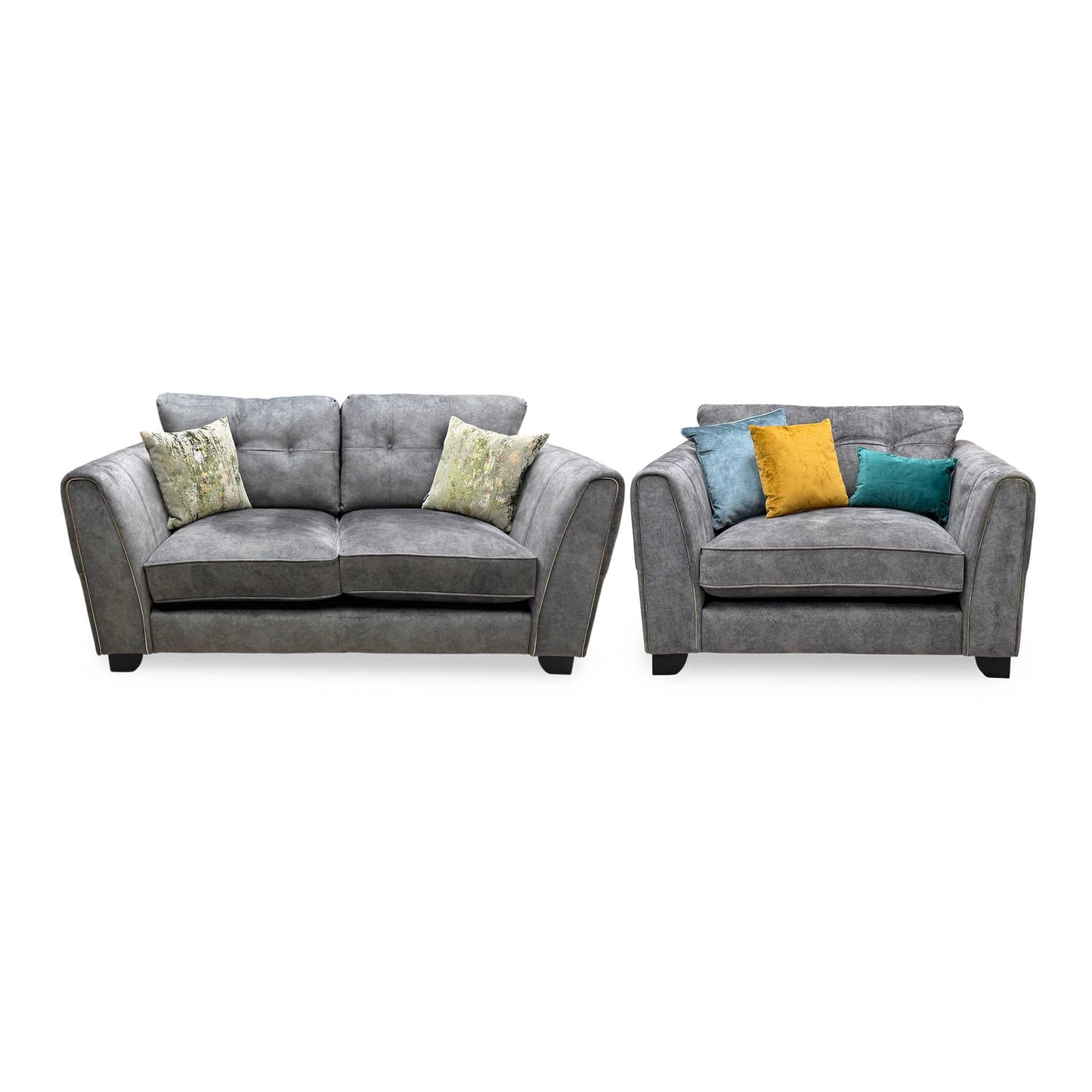 'Mariah' Dapple Moleskin-Tri Brass Insert Velvet Fabric Classic Back 2 Seater + Snuggler Chair Sofa Set