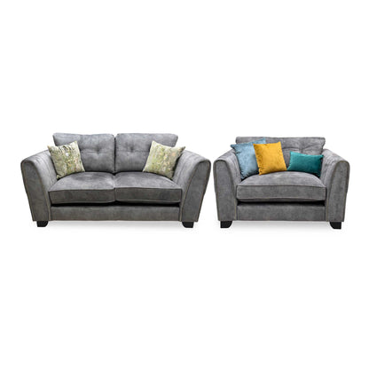 'Mariah' Dapple Moleskin-Tri Brass Insert Velvet Fabric Classic Back 2 Seater + Snuggler Chair Sofa Set