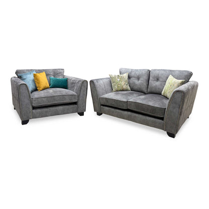 'Mariah' Dapple Moleskin-Tri Brass Insert Velvet Fabric Classic Back 2 Seater + Snuggler Chair Sofa Set