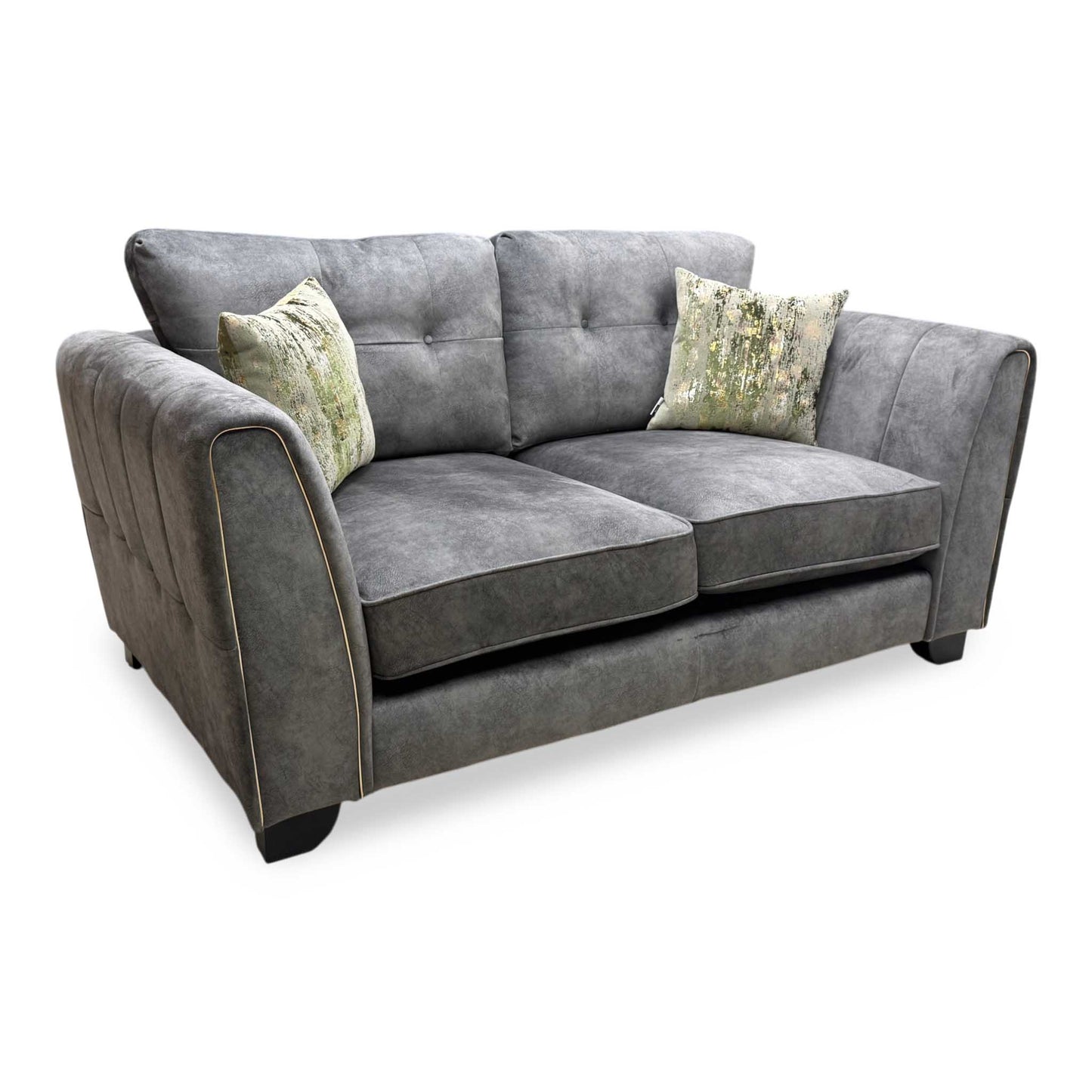 'Mariah' Dapple Moleskin-Tri Brass Velvet Fabric 2 Seater Classic Back Sofa