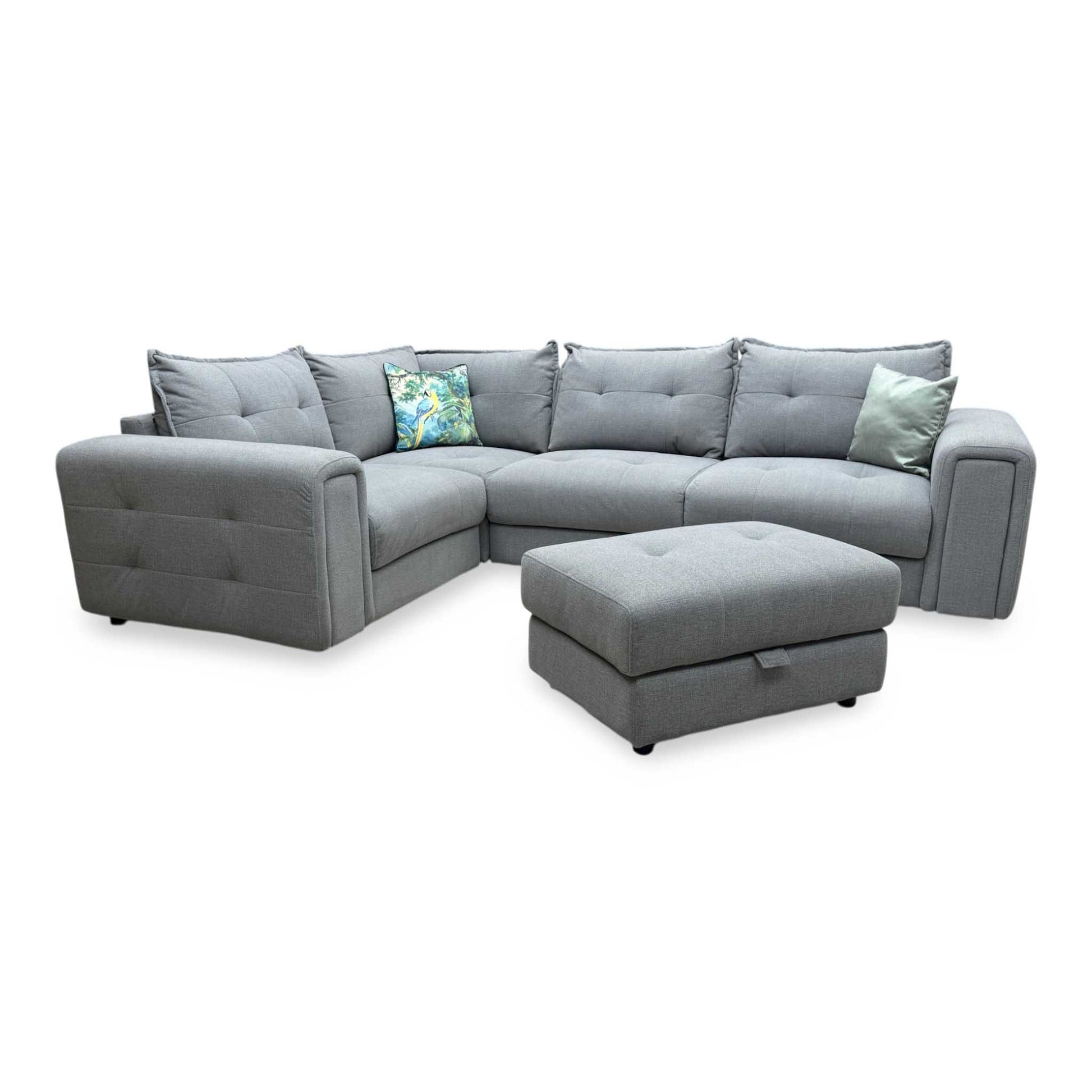 'Goliath' Oxford 94029 Storm Grey Fabric Left Hand Facing Corner Sofa with Storage Drawers + Storage Footstool