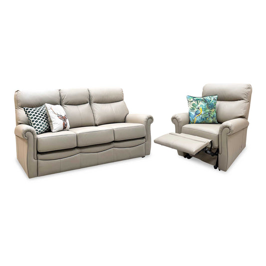 G Plan ‘Avon’ L846 Cambridge Taupe Leather 3 Seater + Lift and Rise Recliner Armchair Sofa Set