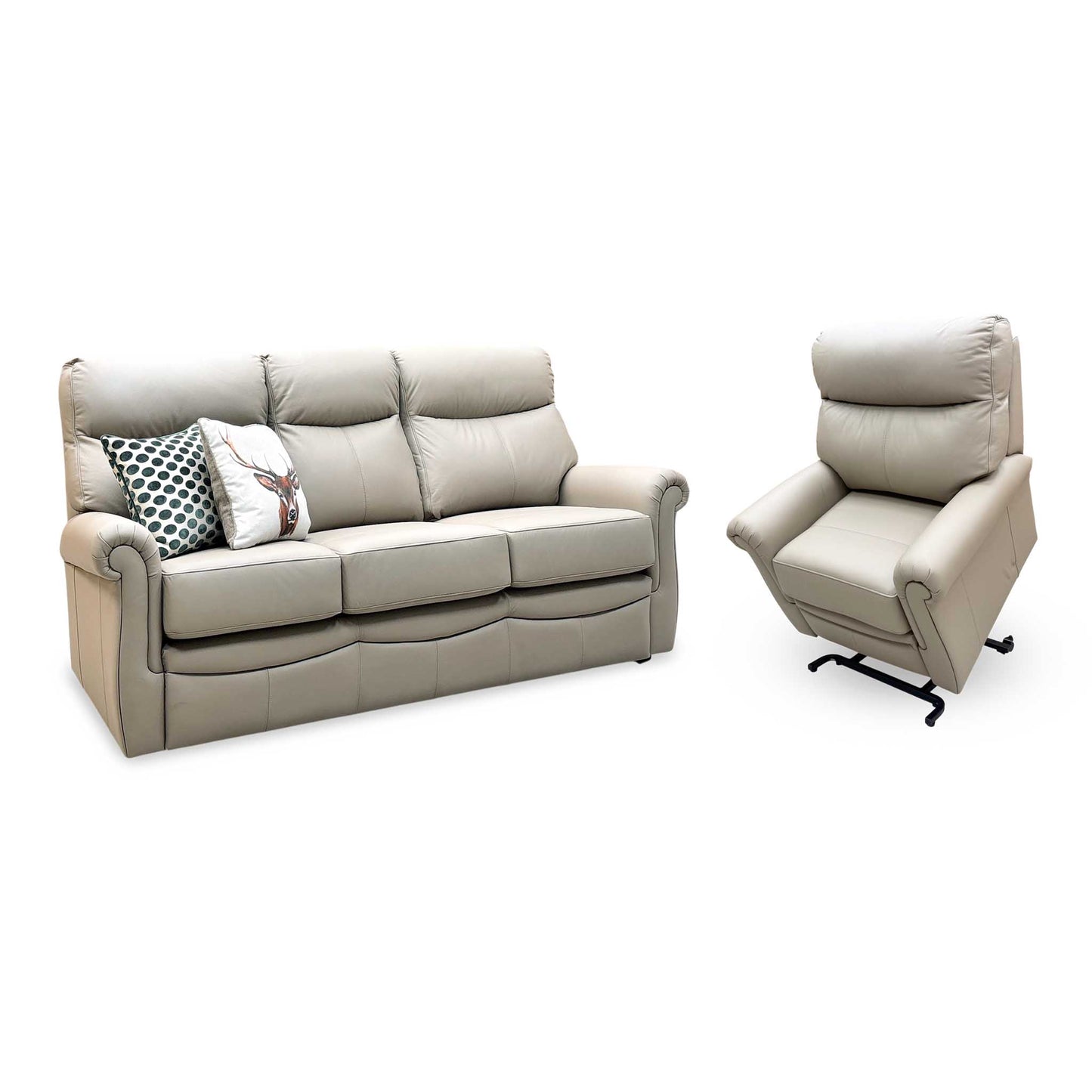 G Plan ‘Avon’ L846 Cambridge Taupe Leather 3 Seater + Lift and Rise Recliner Armchair Sofa Set