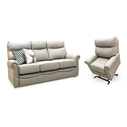 G Plan ‘Avon’ L846 Cambridge Taupe Leather 3 Seater + Lift and Rise Recliner Armchair Sofa Set