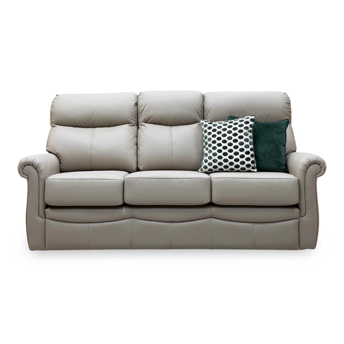 Front view of the G Plan Avon taupe leather 3 seater sofa with high back cushions and scroll arms