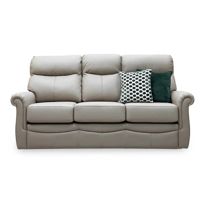 Front view of the G Plan Avon taupe leather 3 seater sofa with high back cushions and scroll arms